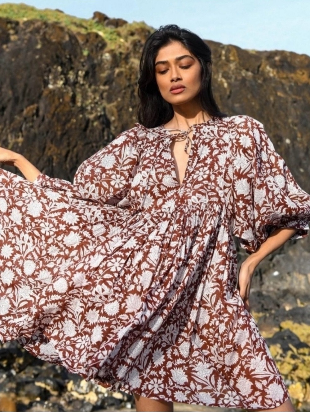Daughters of India Brown and White Floral Mini Dress